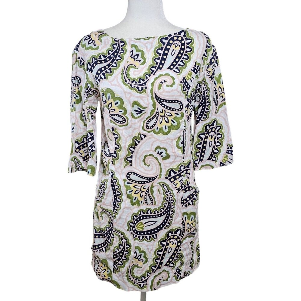 Boden Laurie Linen Shift Dress Womens 2P Paisley 3/4 Sleeve Ivory Green